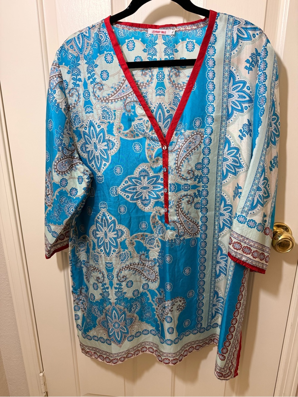 Johnny Was Turquoise and Red Paisley V-Neck Tunic